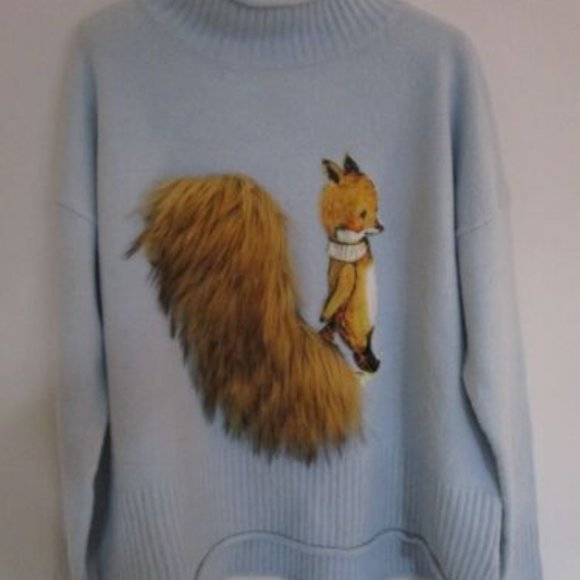 M Faux Fuzzy Foxtail Pullover Sweater Blue Boxy Applique Cuddly Korea - Picture 2 of 7